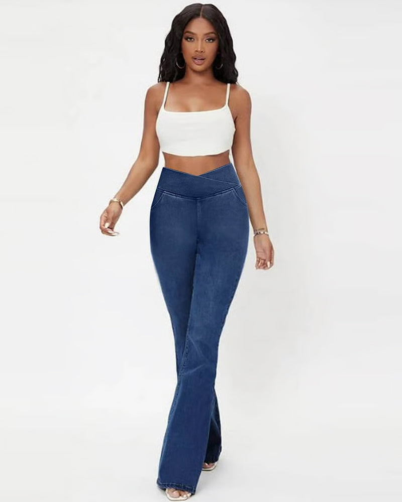 Pantalon Haute Élasticité Mode Poche Évasé