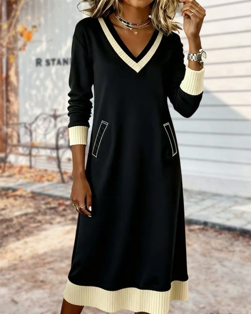 Robe Manches Longues Col En V Contrasté Tricot