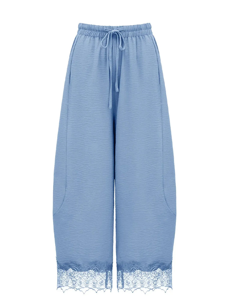 Pantalon Taille Élastique Panneau Dentelle Décontracté