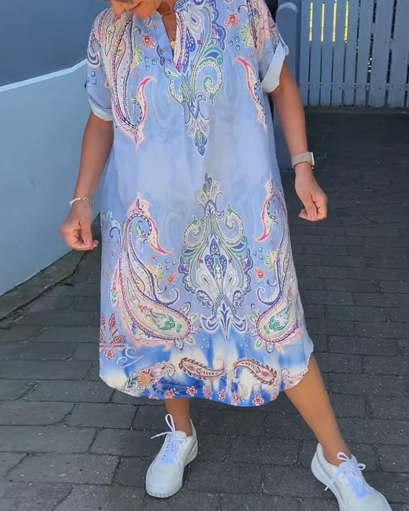 Robe imprimée à col en V et manches repliées