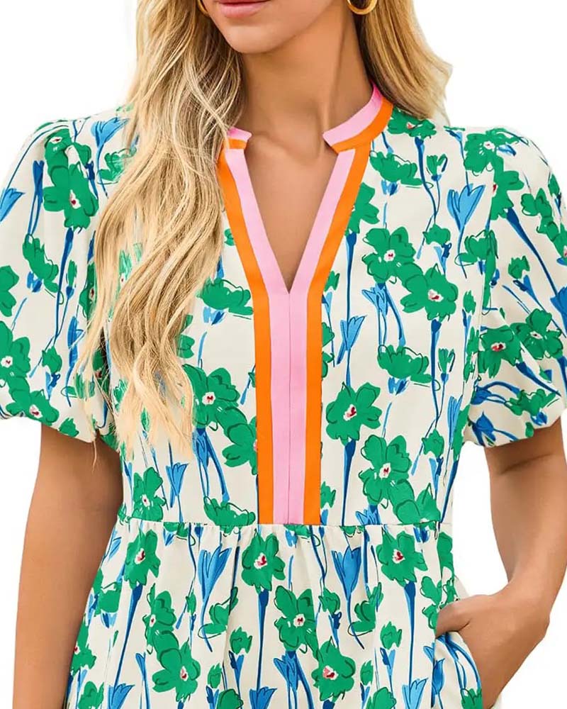 Robe Col V Floral Manche Ballon Patchwork