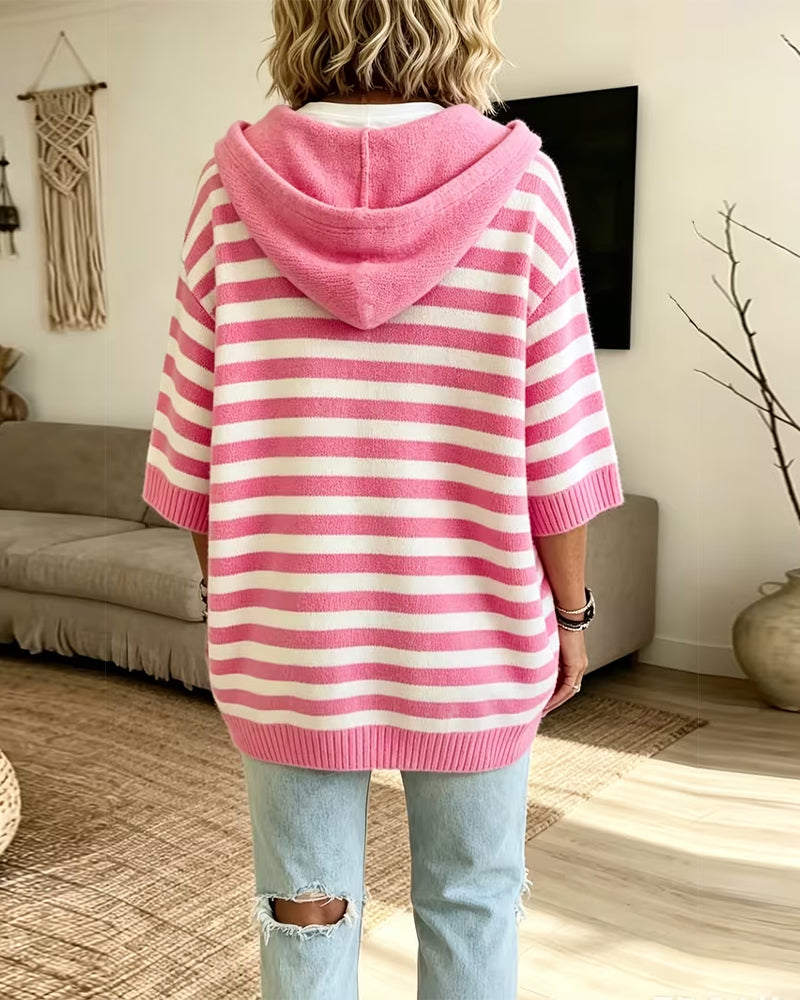 Pullover Rayure Capuche Lâche Manche Trois Quarts