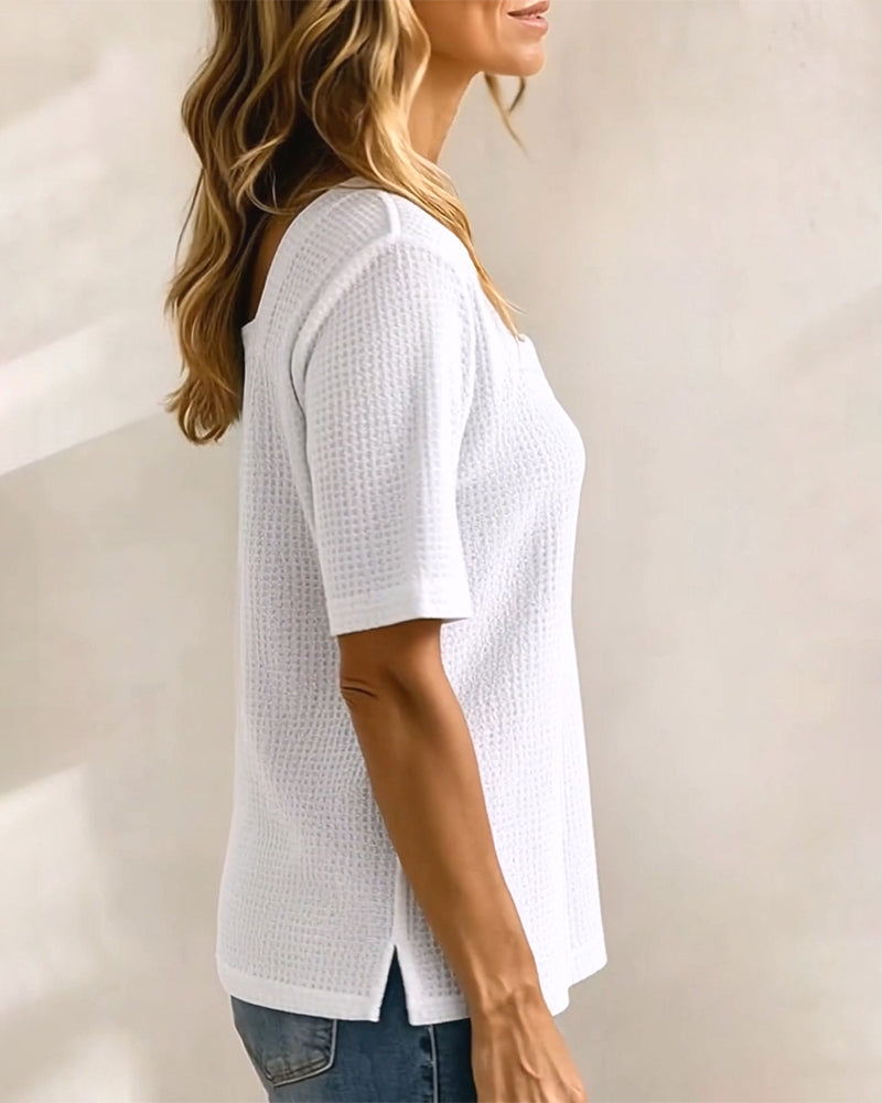 T-Shirt Col Carré Bouton Gaufré