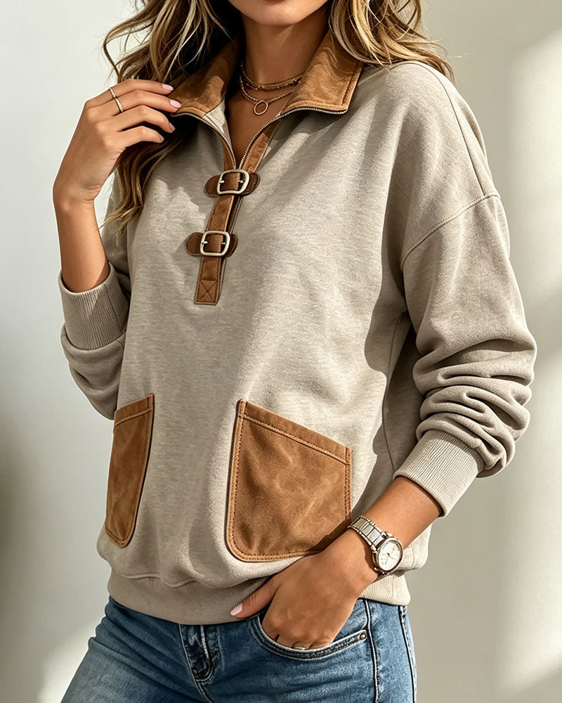 Sweat-Shirt Suède Patchwork Poche