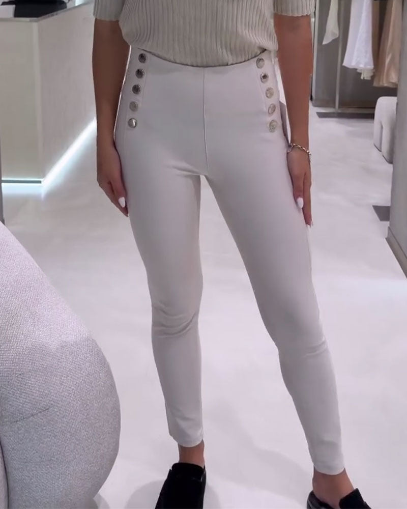 Pantalon Taille Haute Bouton Latéral Stretch