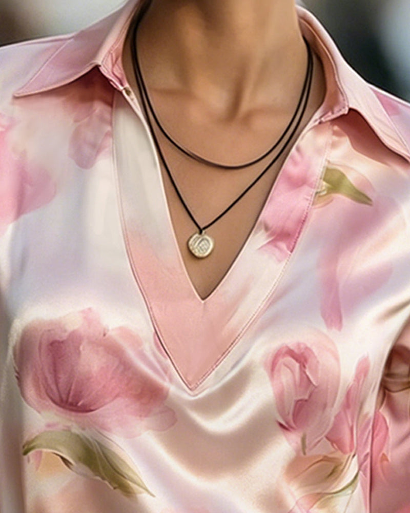 Blouse Revers Col En V Imprimé Fleuri Manches Longues