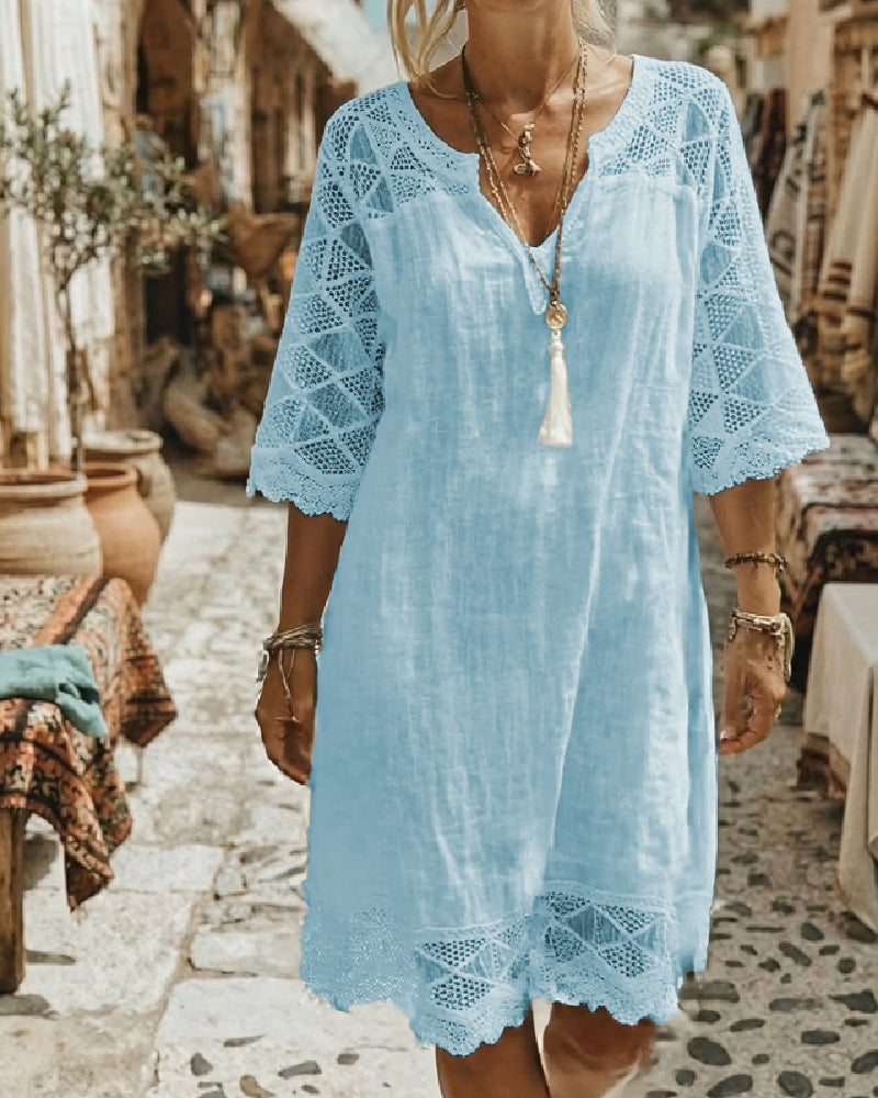Robe Col V Dentelle Patchwork Décontractée