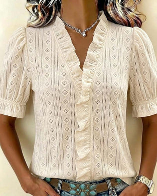 T-Shirt Col V Manche Trois Quarts Dentelle