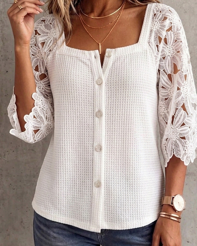 Blouse Dentelle Panneau Jersey Gaufré Bouton-Davant