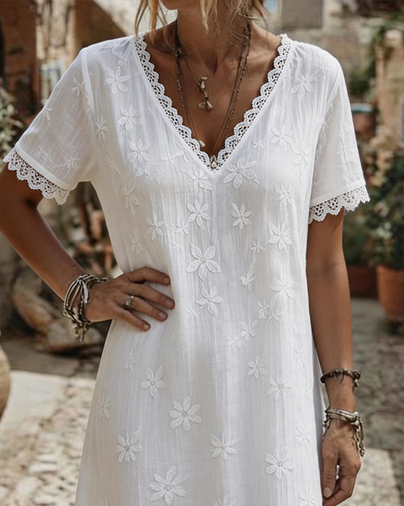 Robe Col V Dentelle Garniture Marguerite