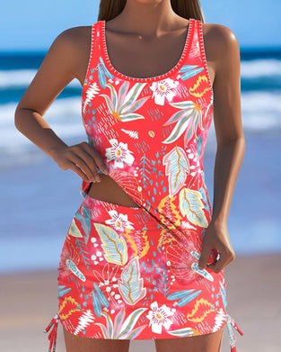 Tankini Sans Manches Imprimé Floral Jupe