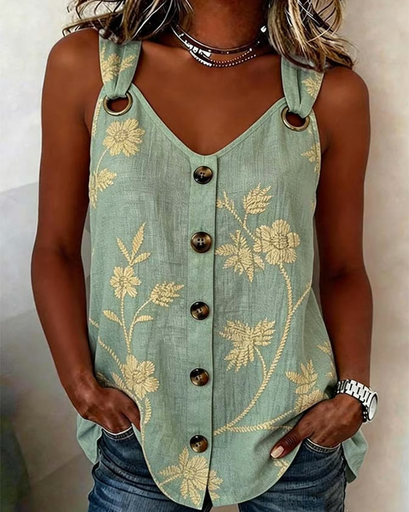 Débardeur Florale Camisole Anneau Métallique