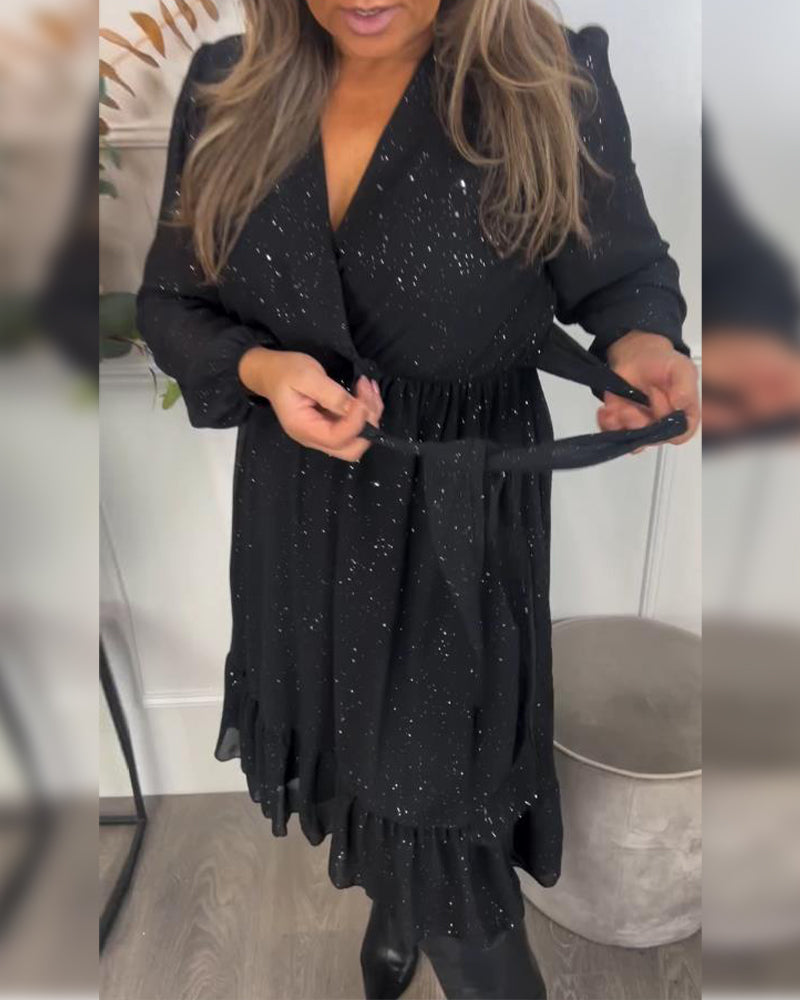 Robe Avec Design à Col V, Détail de Ceinture à Noeud Et Tissu Iridescent