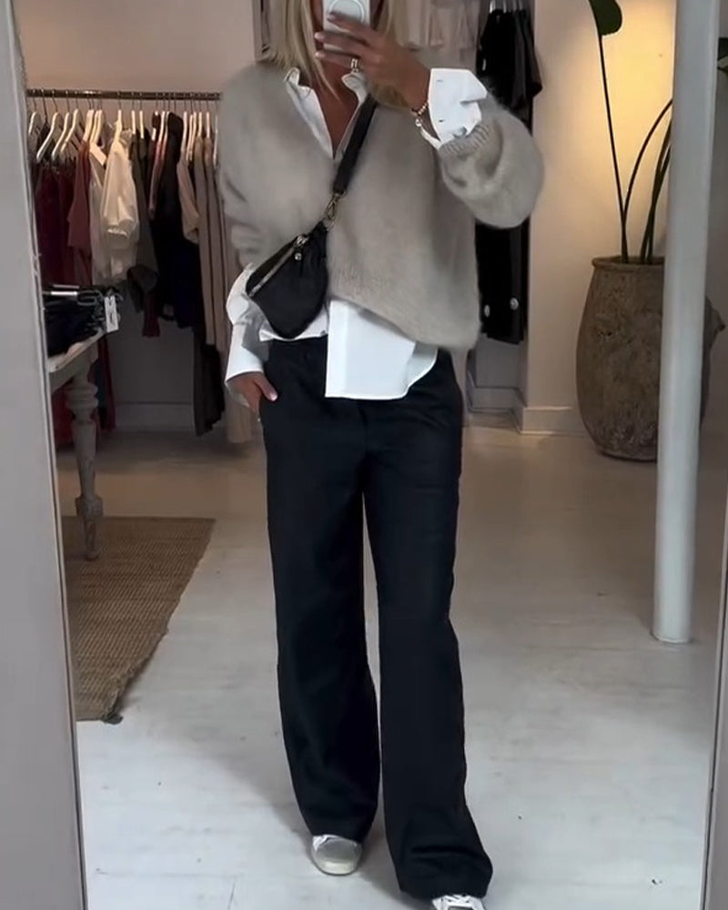 Pantalon Drapé Jambe Large Décontracté Cuir