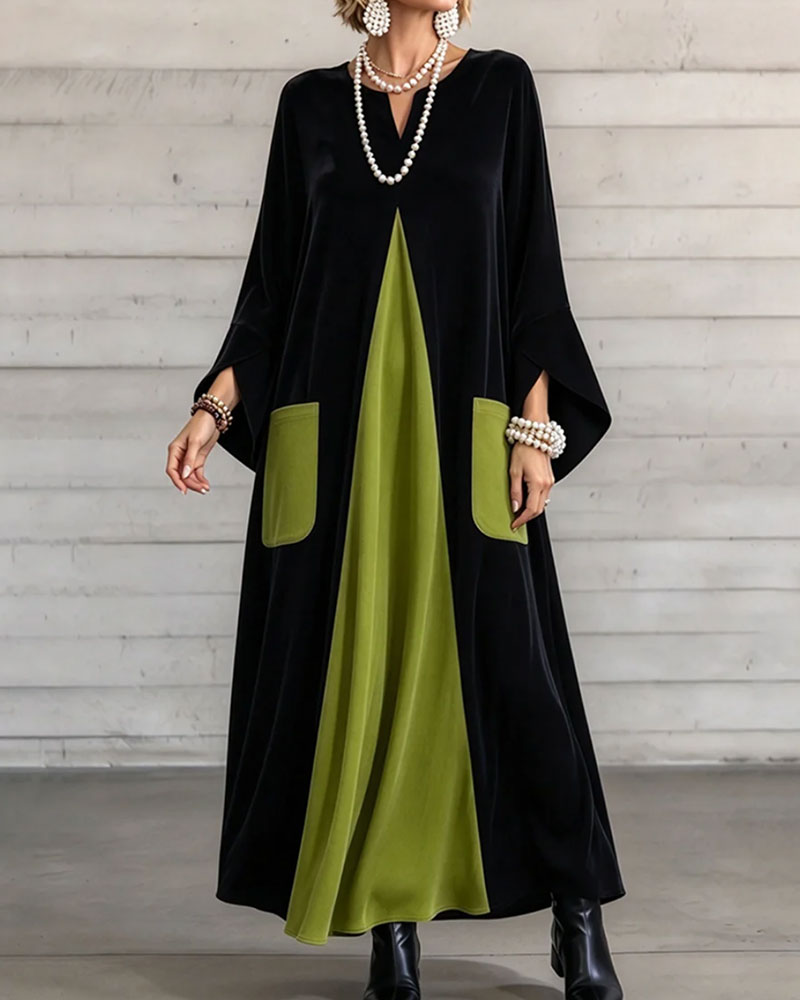 Robe Col En V Bloc De Couleur Maxi