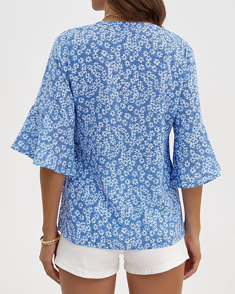 Chemisier Col V Floral Papillon Manche