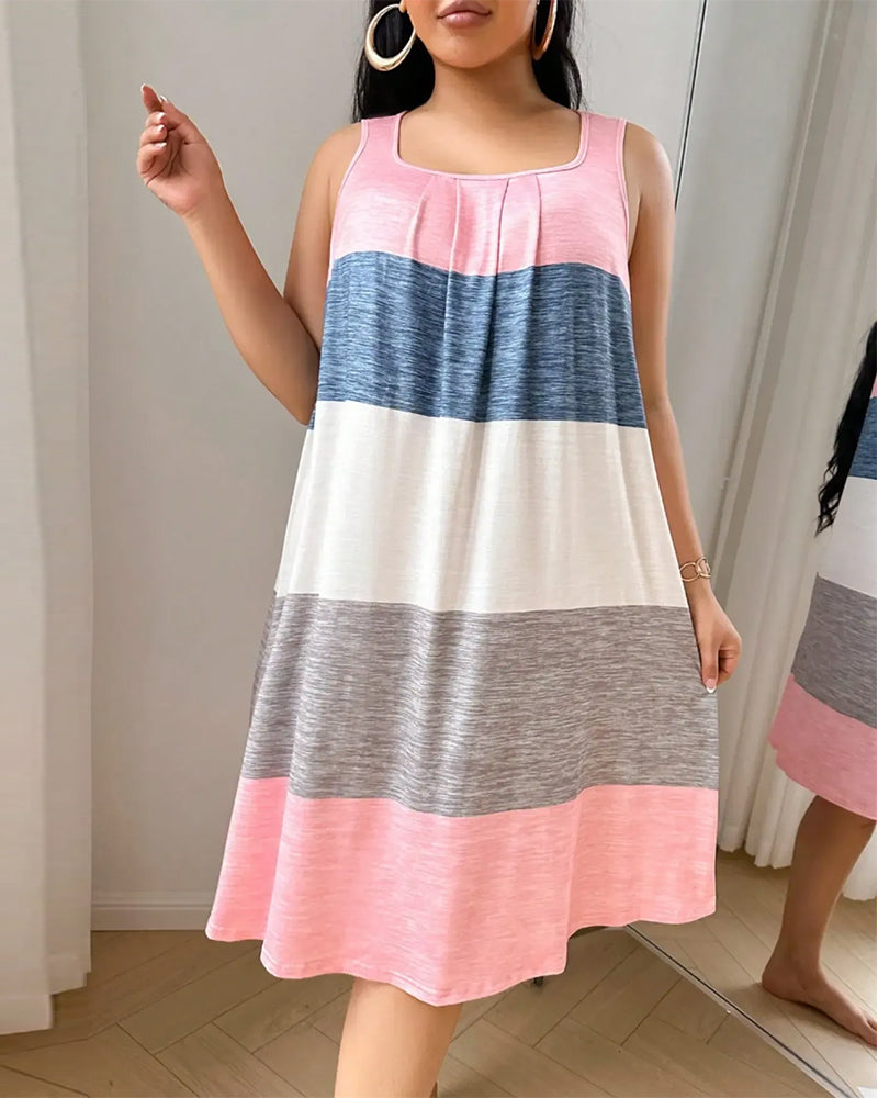 Robe-De-Nuit Col-Carré Sans-Manches Bloc-De-Couleur Rayé