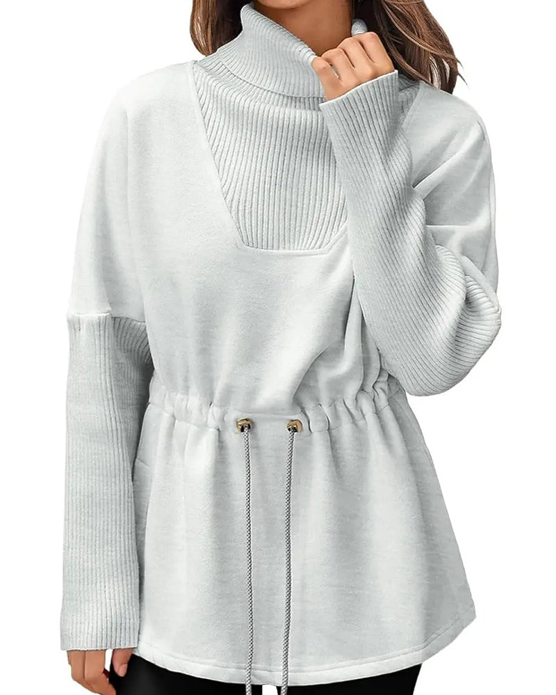 Sweat-Shirt Col Haut Manches Longues Taille Cordon