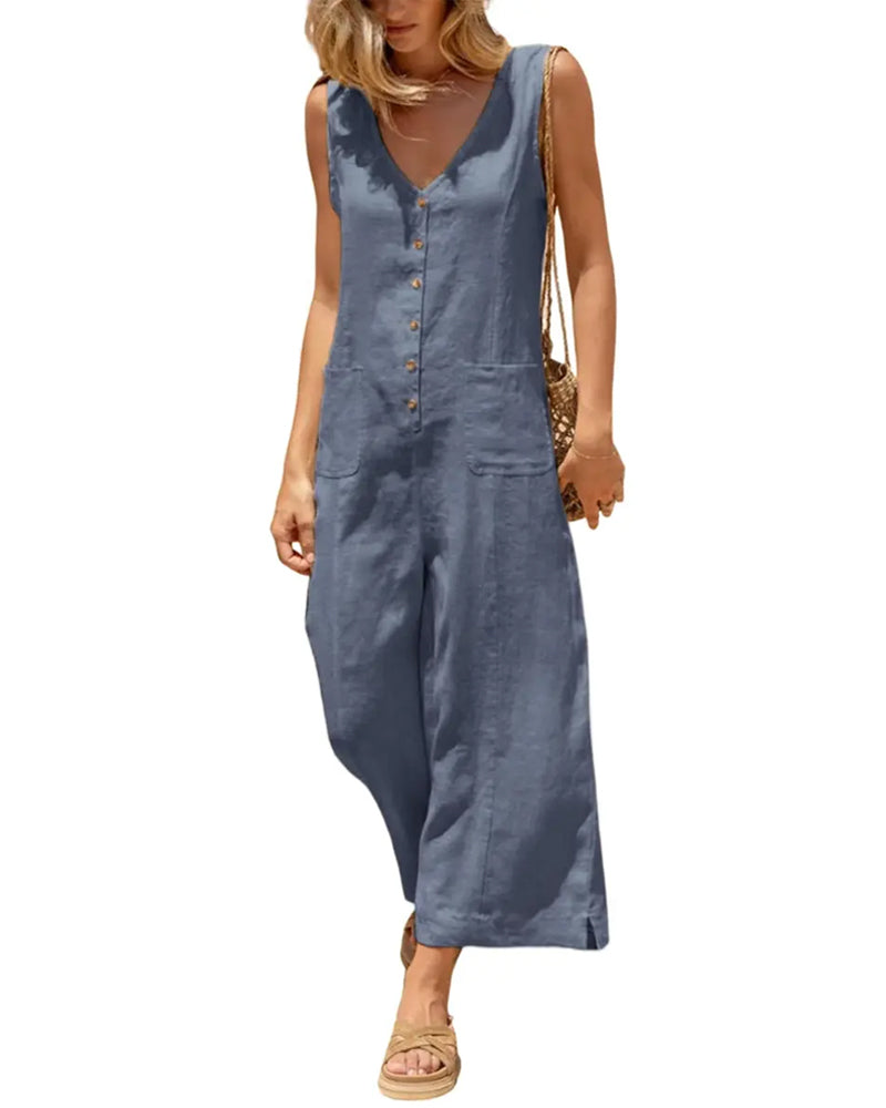 Combinaison Col En V Simple Boutonnage Sans Manches