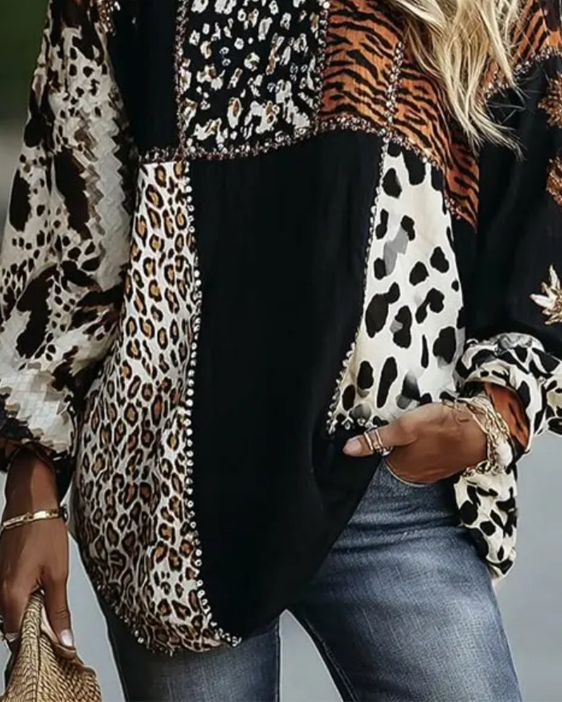 Blouse Col Rond Léopard Tigre Imprimé Contraste