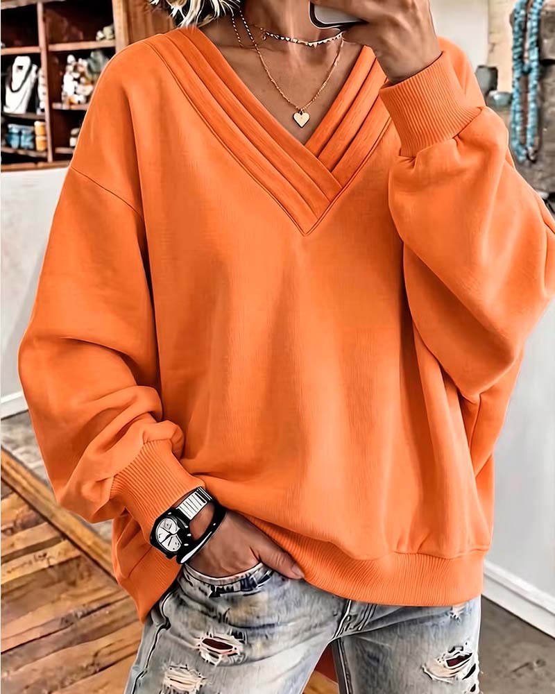 Sweatshirt Double Couche Col En V Épaule Tombante Lâche