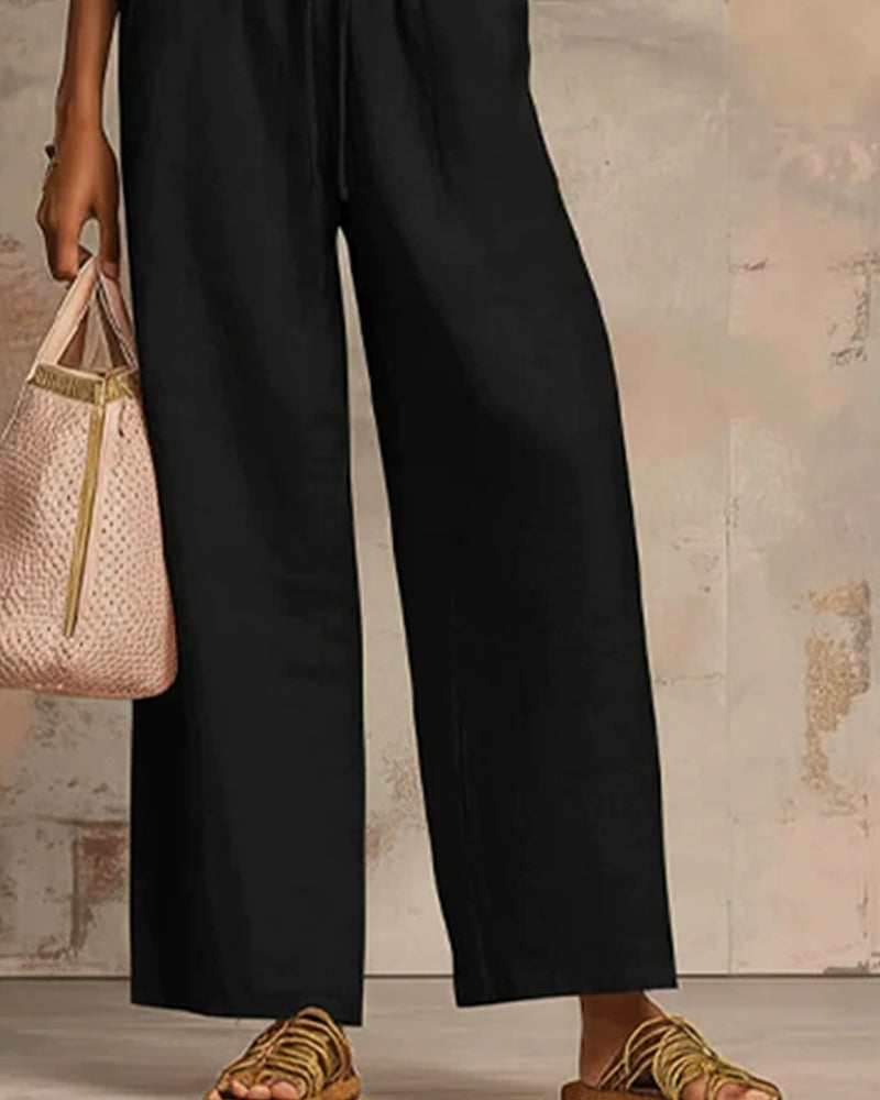 Ensembles Deux-Pièces Fermeture Éclair Col Rond Haut Large Jambe Pantalon