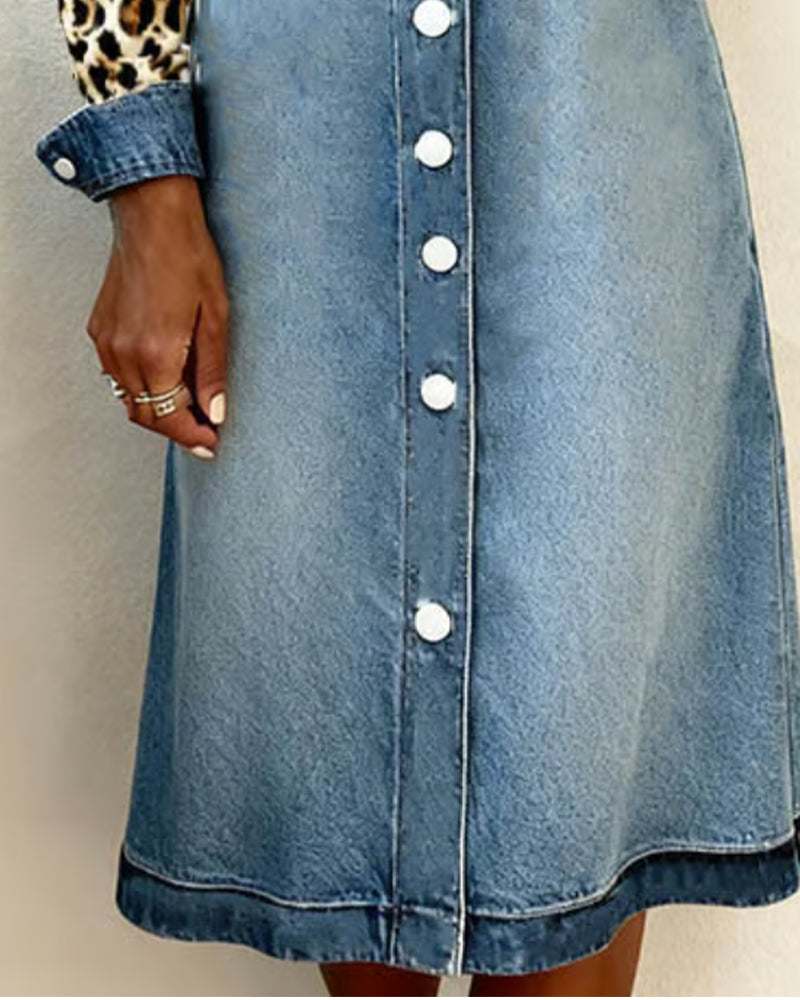 Robe Col Chemise Léopard Patchwork