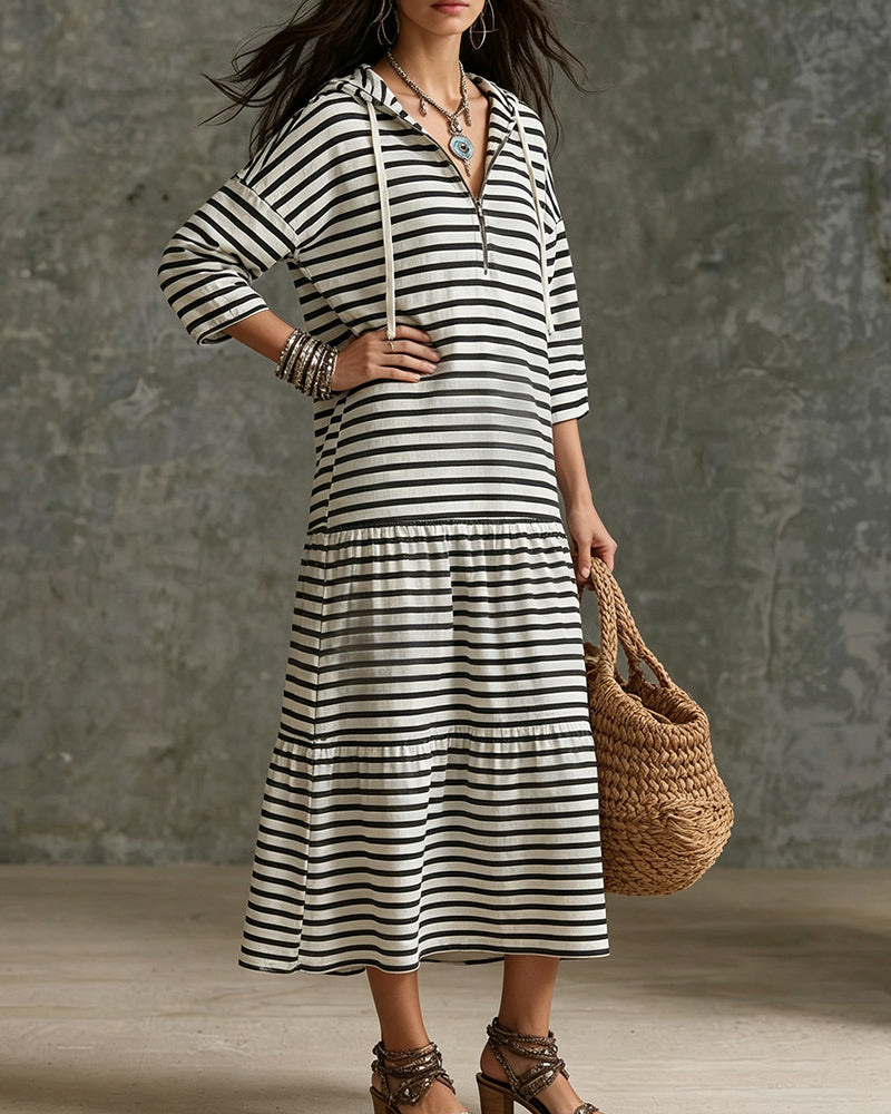 Robe Fermeture Éclair Capuche Rayé À Volants