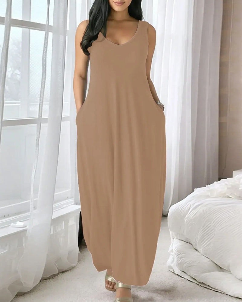 Robe Col En V Poche Lâche Débardeur Longue
