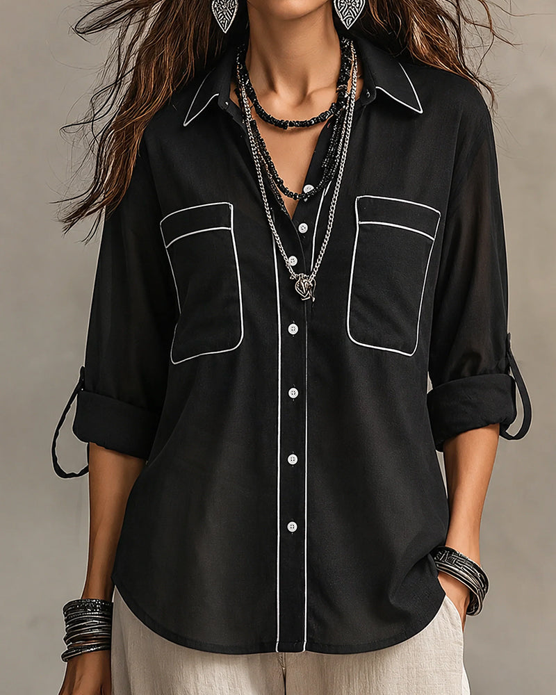 Chemise Col En V Contraste Ligne Décontractée