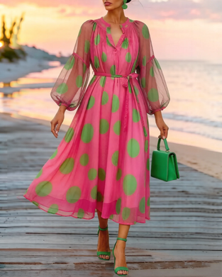 Robe Col V Manches Ballon Gros Pois
