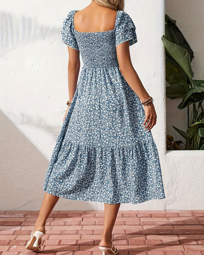 Robe Volant Col Carré Florale
