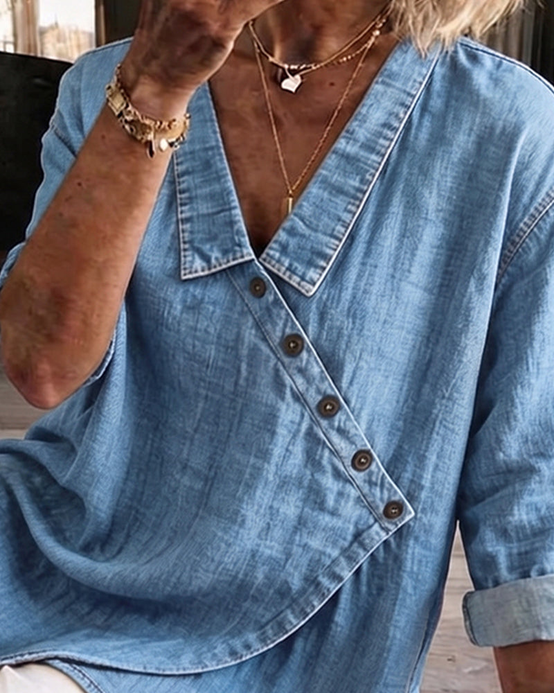 Blouse Unie Bouton Diagonal Col Manches Longues