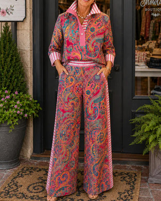 Set Revers Rayure Imprimé Chemise + Jambe Large Pantalon