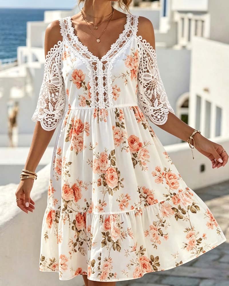 Robe Col V Dentelle Patchwork Florale Épaule Dénudée