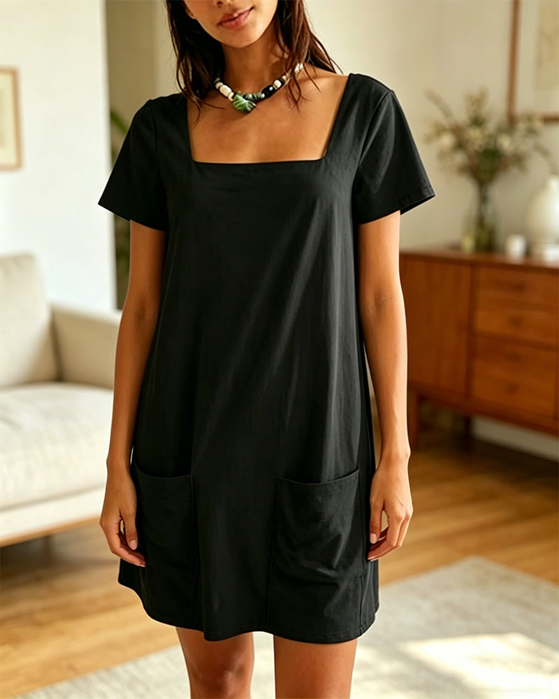 Robe Col Carré Manches Courtes Poche