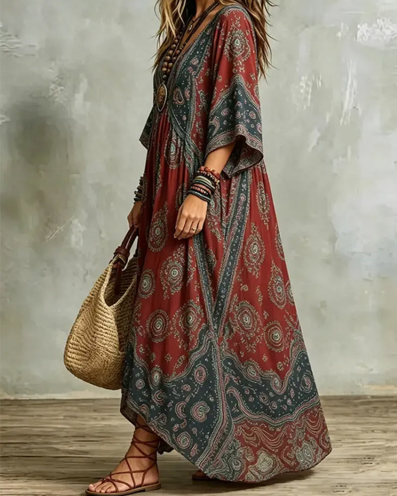 Robe Vintage Bohème Col En V Imprimé Maxi
