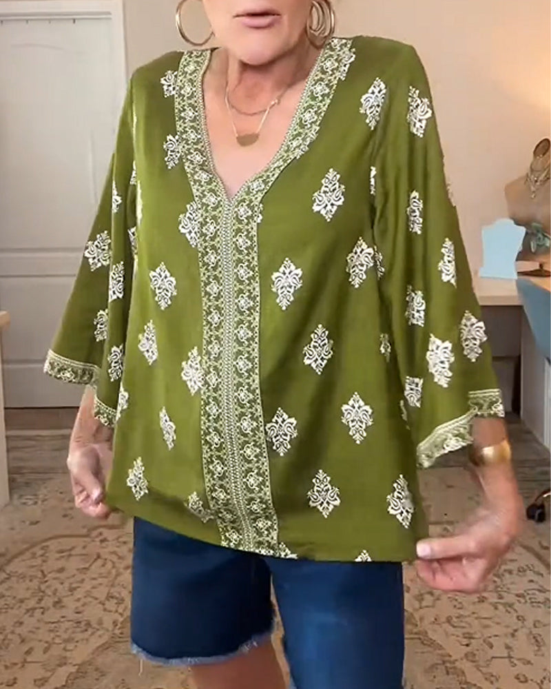 Blouse Col En V Ethnique Lâche