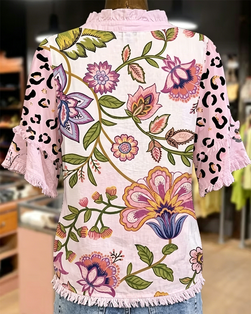 Blouse Col V Contraste Imprimé