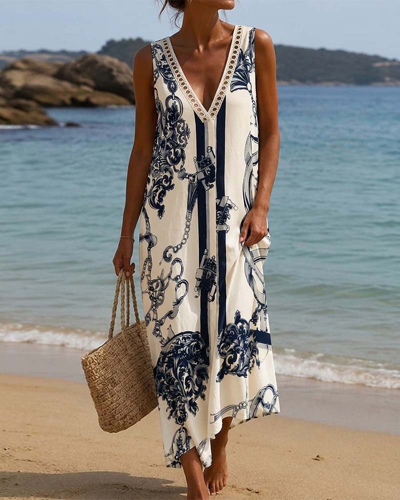 Robe Col-V Sans Manches Imprimée