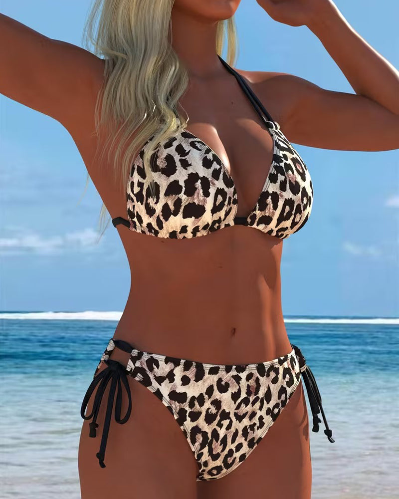 Bikini Léopard Imprimé Nuque À Brides