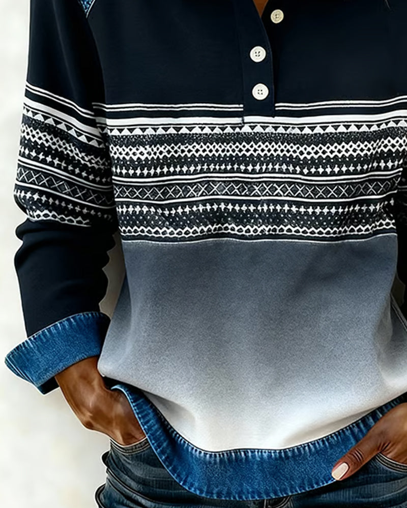 Sweat Avec Design à Col Lapel à Boutons, Motif Rayé Et Couleur Dégradée