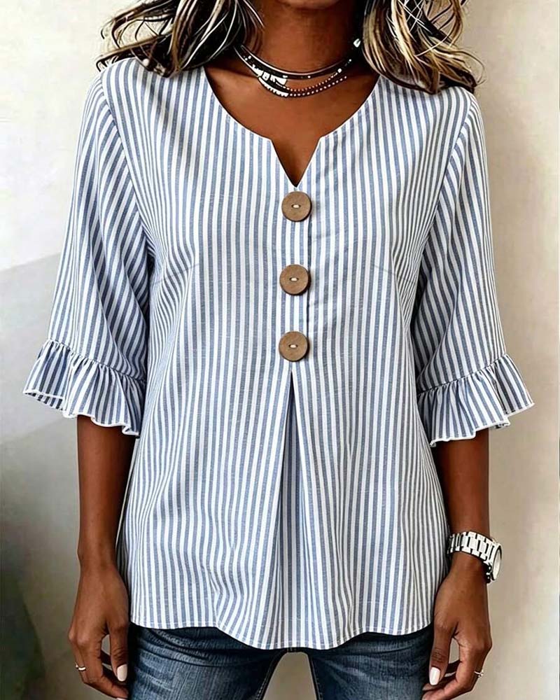 Blouse Mini Col V Volant Rayure Bouton