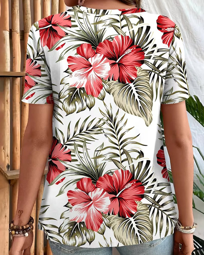 T-Shirt Col-V Imprimé Feuille Manches Courtes