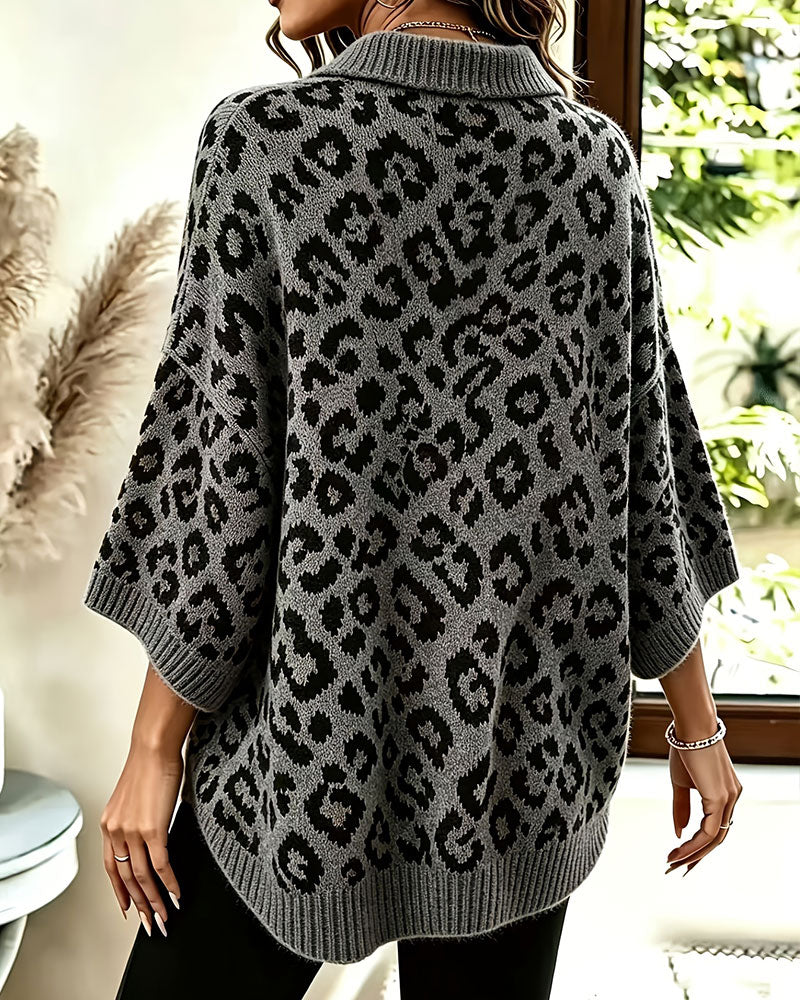 Pullover Col V Col Léopard Manche Mi-Longue Pull
