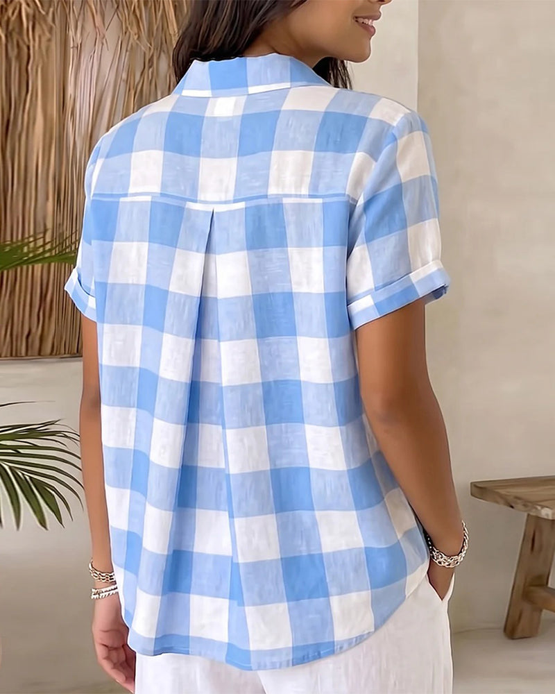 Chemise Bleu Blanc Grand Plaid Revers