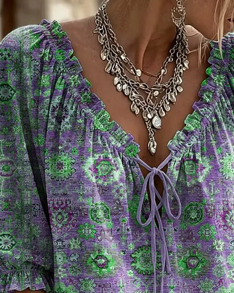 Blouse Col V Attache Vintage Imprimé