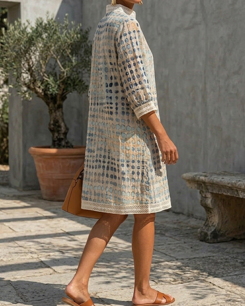 Robe Col V Pois Dentelle Patchwork Col Montant