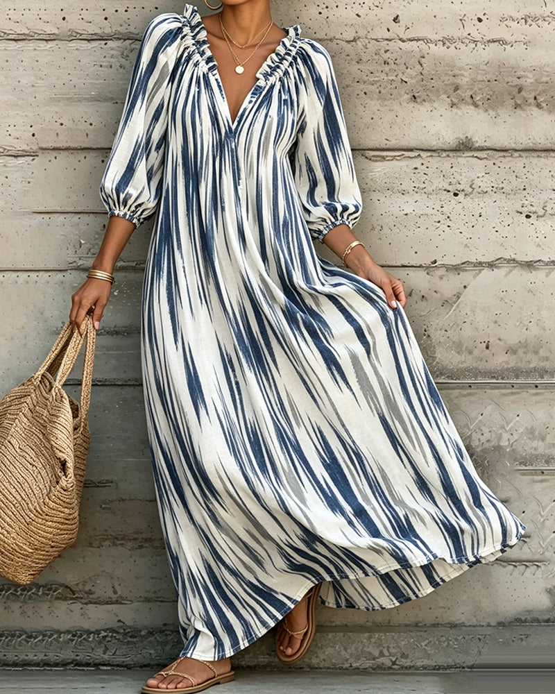 Robe Tie-Dye Col En V Manches Ballon Longue Resort