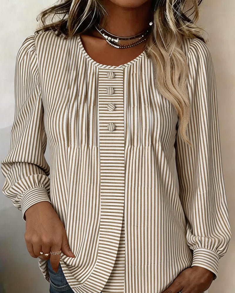 Blouse Col Rond Bouton Devant Rayure Manches Ballon